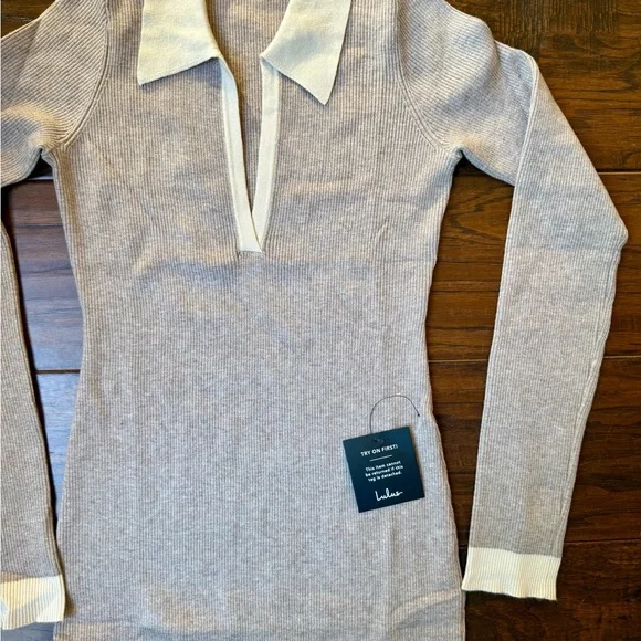 Lulus Taupe Block Midi Sweater Dress Ribbed Knit Collared Midi size L - Picture 12 of 12